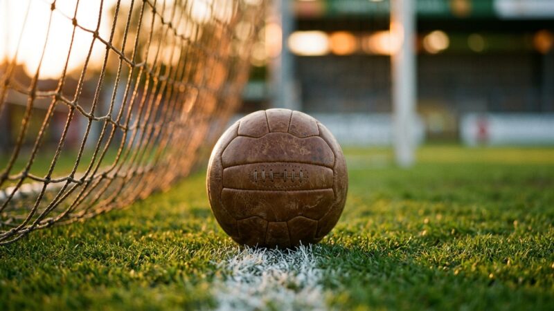 Buku catatan dan ponsel yang menampilkan papan skor pertandingan sepak bola di atas meja kerja.